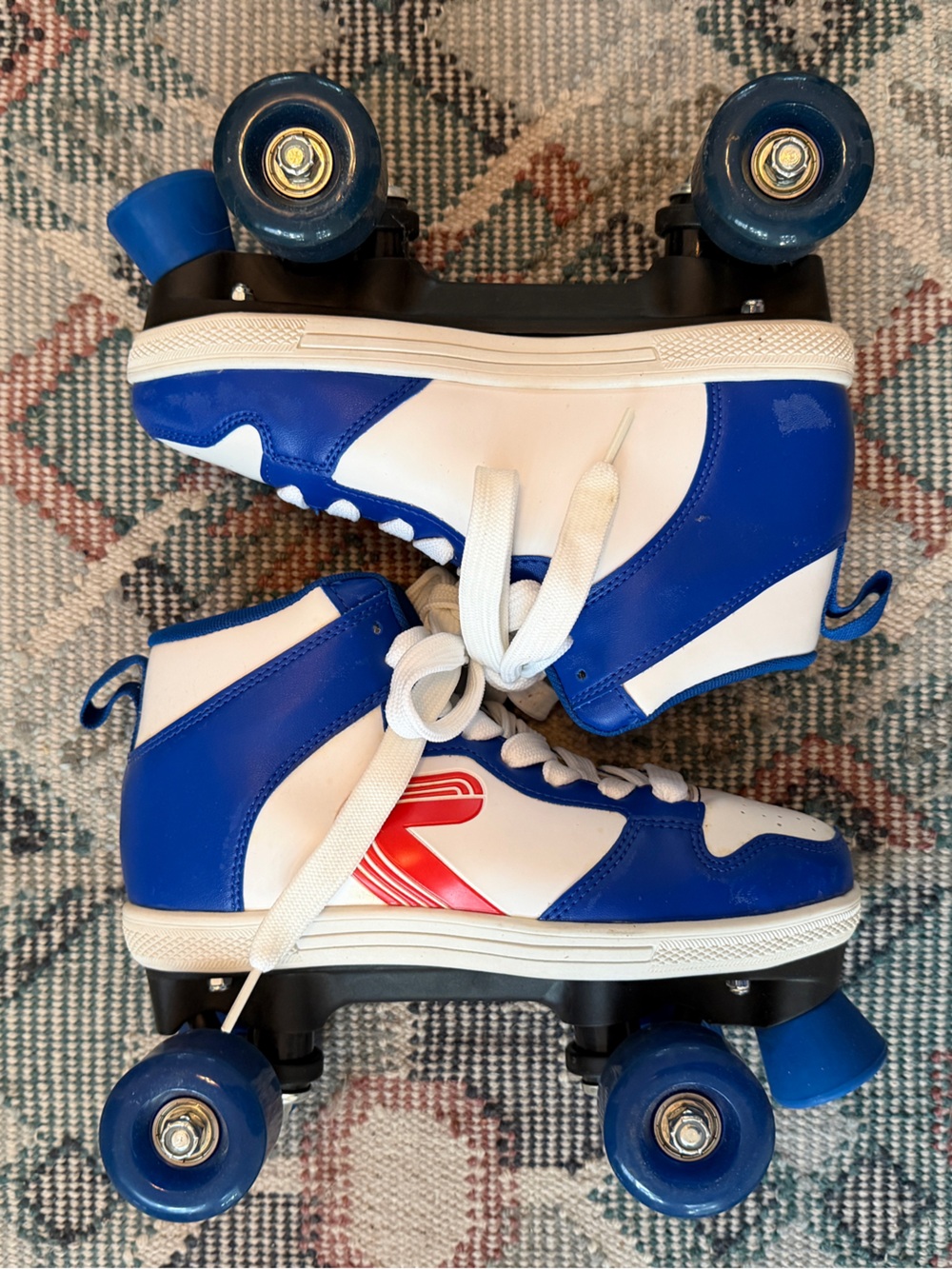Blue and White Retro Quad Roller Skates
